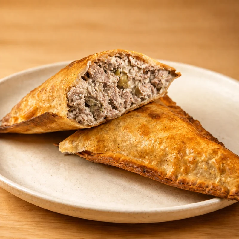Fornada de Carne Cremosa — pastel recheado com carne bovina em cubos, requeijão e azeitonas